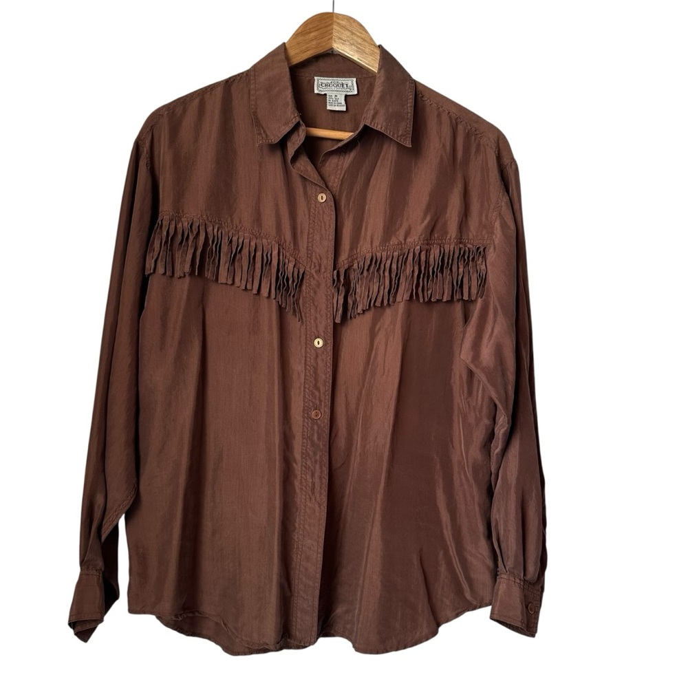 Croquet Club vintage brown silk western fringe button-front shirt